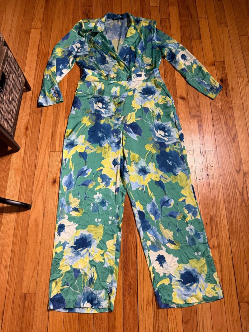 Zara Green Floral Jumpsuit long sleeve straight palazzo marble vibrant XL - Picture 3 of 9